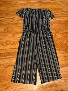 Off-Shoulder Black & White Striped Jumpsuit